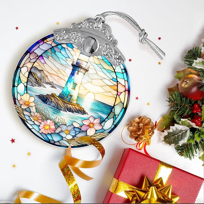 Stained Glass Suncatcher, Jocidea Lighthouse Ornament, Christmas Ornaments, Holidays Ornaments, Christmas Tree Decor, Lighthouse Decor for Home, Lighthouse Gifts