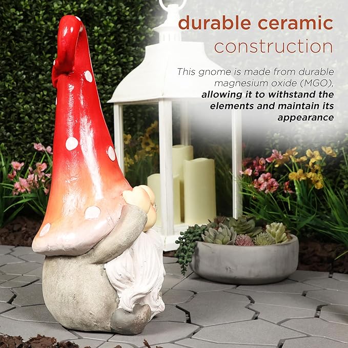 Alpine Corporation 17” Tall Outdoor Garden Gnome Yard Decoration - See No Evil Statue - Gnome with Red Polka Dot Hat – Durable, Weatherproof Decor for Patio & Deck