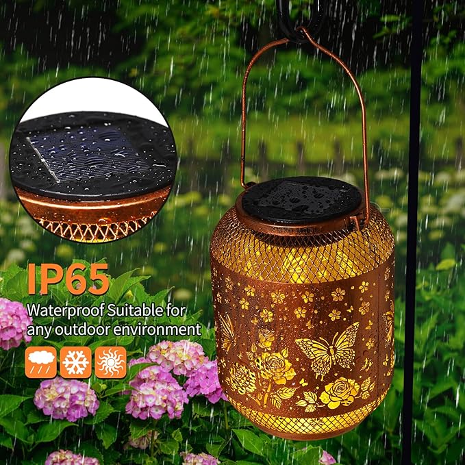 Butterfly Solar Lanterns Outdoor Waterproof Rose Garden Decor Gifts for Women Mom Grandma Hanging Solar Lights Metal Lantern Decoration Outside for Yard, Patio, Backyard, Porch