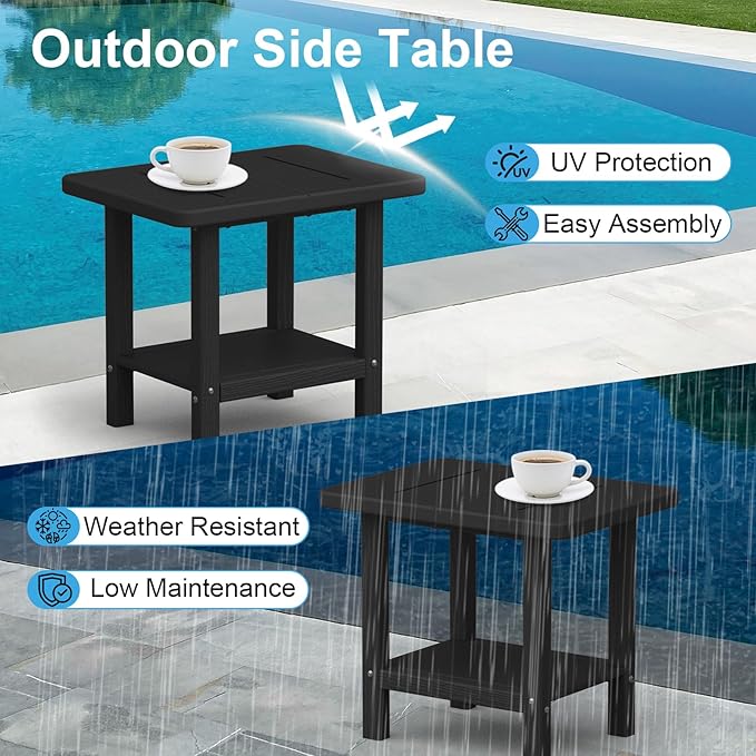 Outdoor Side Table - 2-Tier Storage All Weather Outdoor End Table for Patio - HDPE Morden Easy Maintenance Adirondack Side Table for Pool Porch Balcony Garden Lawn Backyard Outside Indoor