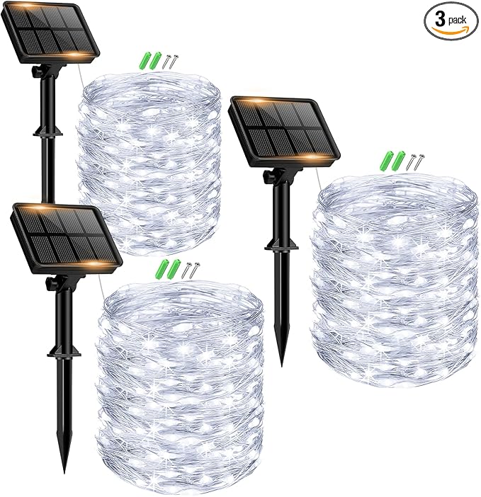 3 Pack Solar Fairy Lights for Outside Waterproof, 49FT/15M 150LED Solar String Light Outdoor 8 Modes Solar Twinkle Lights for Garden Yard Christmas Tree Wedding Party Decor, Cool White