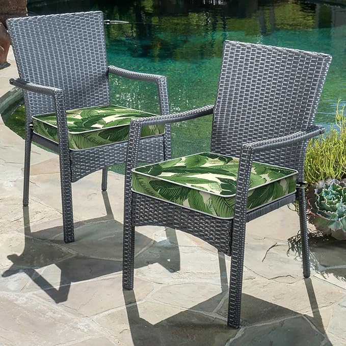 LVTXIII Patio Chair Cushions 19"x19"x3", Water-Repellent Outdoor Seat Cushions for Patio Furniture, Square Chair Pads with Ties for Home Garden Decoration, Set of 2, Swaying Palms Green
