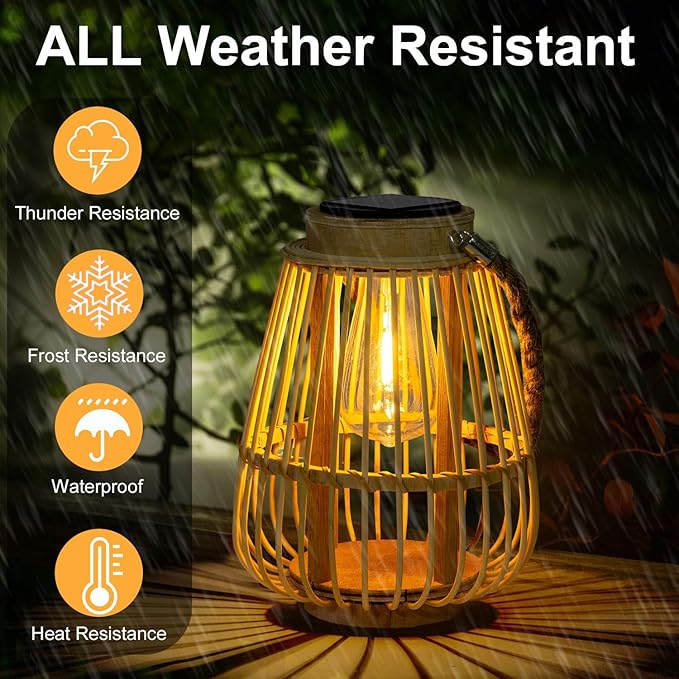 Solar Lanterns Outdoor Hanging Lights Waterproof Rattan Bamboo Solar Powered Light with Twine Handle Decorative Garden Table Lamp for Patio Yard Tabletop Tree Pathway Home Decoration