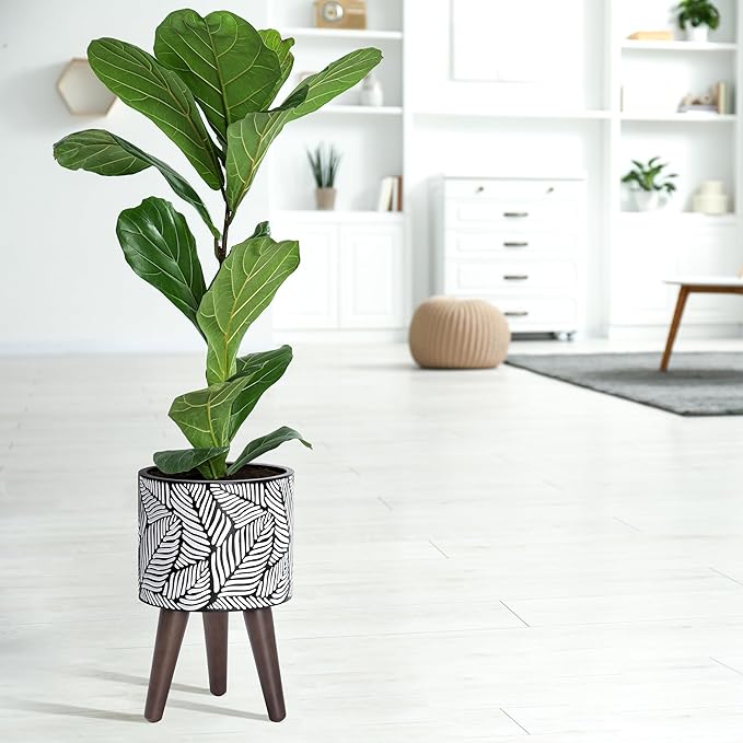 D'vine Dev 8 Inch Planter Pot with Stand, Mid-Century Tall Plant Pot with Legs for Indoor Plants, Small, White/Grey, 88-L-A-7