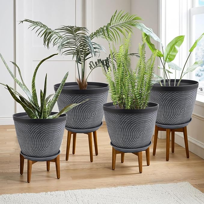 Quarut 4 Pack 6 Inch Flower Pots Planters for Outdoor Indoor, Plastic Plant Pots with Drainage Hole & Tray, Modern Decorative Garden Pot with Saucer, planters for House (Gray)