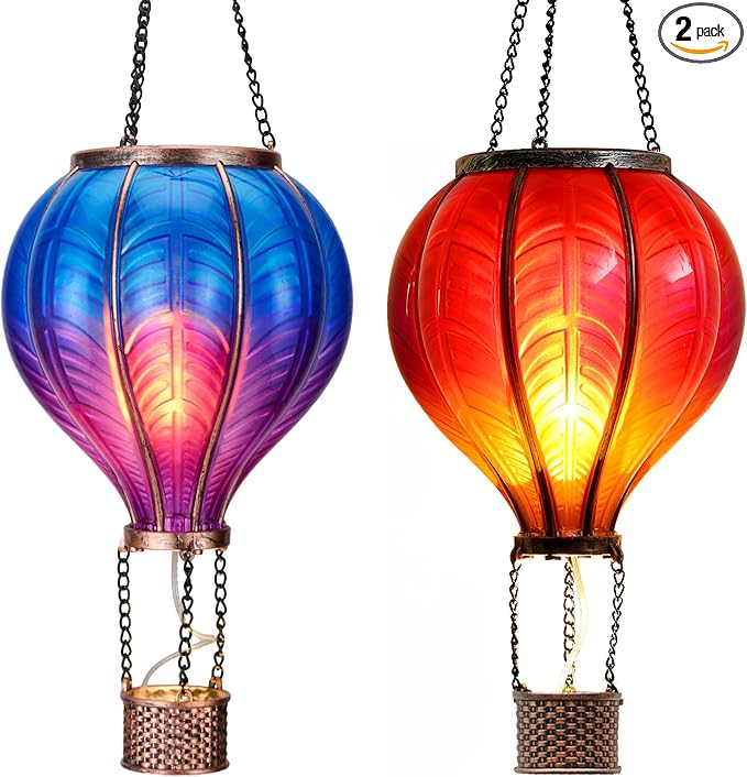 TERESA'S COLLECTIONS 2 Pack Hanging Solar Lantern Outdoor Garden Decor ,Waterproof Plastic Hot Air Balloon Red Flickering Flame Effect Lantern for Yard Tree,Gift for Mom Lovers,18"