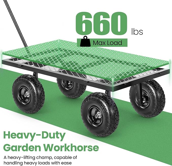 Homdox 660LB Garden Cart on Wheels, Heavy Duty Yard Wagon with 180° Rotating Handle, Mesh Foldable Garden Wagon Outdoor Utility Carts for Camping, Sports, Garden, Beach, Farm, Fishing, Black