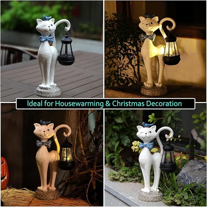 Solar Outdoor Garden Statues Light,Cat Figurines with Cute Birds Garden Sculpture Decor, Unique Christmas Gifts for Women, Men or Daughter, Housewarming Gifts and Yard Decoration