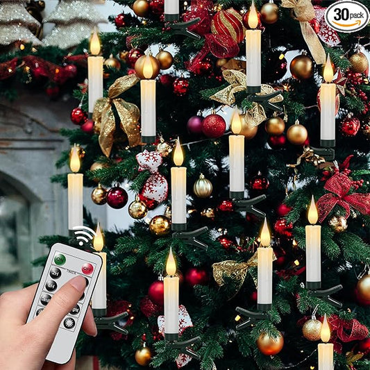 DRomance Christmas Tree Flameless Taper Candle Lights Battery Operated with 10-Key Remote and Timer, 30 Pack Plastic 3D Wick Flickering LED Taper Candles Multi-Using Home Garden Holiday Decor 3.4"