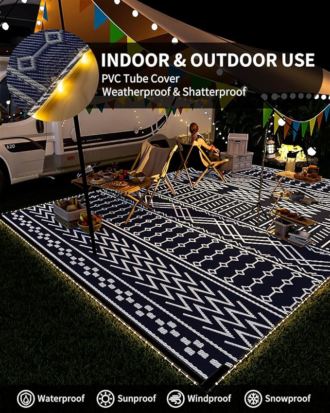 Outdoor Rug Carpet Waterproof 8x10 ft with LED Strip Lights-Patio Rug Mat Indoor Outdoor Rug for RV Camping Picnic Reversible Lightweight Plastic Straw Outside Rug for Patio Decor Decoration Boho Rug