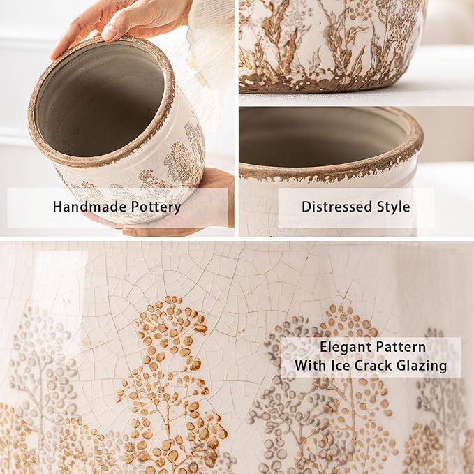 Set of 2 Ceramic Planters for Indoor Plants, 4.7+5.7 Inch Vintage Flower Pots without Drainage Hole, Rustic Brown Planter Set, Decorative Plant Pots for Indoor Plants, Home Decor, Living Room, Office