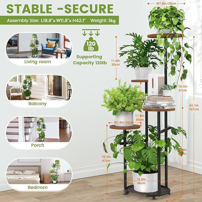 TOSKING 5 Tier Metal Plant Stand Indoor， Plant Shelf, Corner Shelf Flower Pot Stand for Outdoor Plant Stand for Living Room Balcony Garden Patio Bedroom (Black and Brown, 42in)