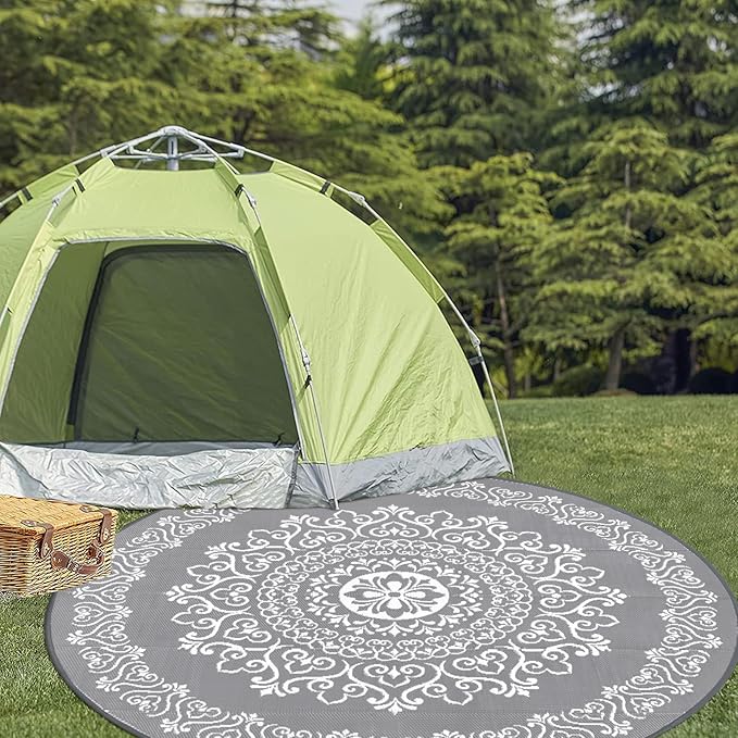 Pauwer Waterproof Outdoor Rug 8ft, Reversible Plastic Straw Patio Camping Rug, Indoor Outdoor RV Mat Carpet for Deck, Camper, Porch, Balcony, Backyard, Picnic, Floral Grey