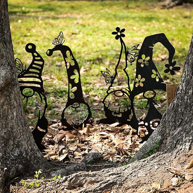 RealSteel Metal Garden Gnomes Outdoor – Steel 4 Pack Lawn Ornaments & Statues, Funny Yard Decor, Weatherproof Garden Decoration, Gift for Gardeners (Penny Vein)