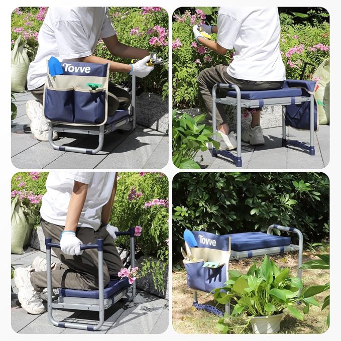 Foldable Garden Kneeler and Seat, Heavy Duty Garden Stool with 10" Wide Detachable Kneeling Pad, Portable Garden Bench Chair with Large Garden Tool Bag, Gardening Gifts for Women, Seniors, Mom