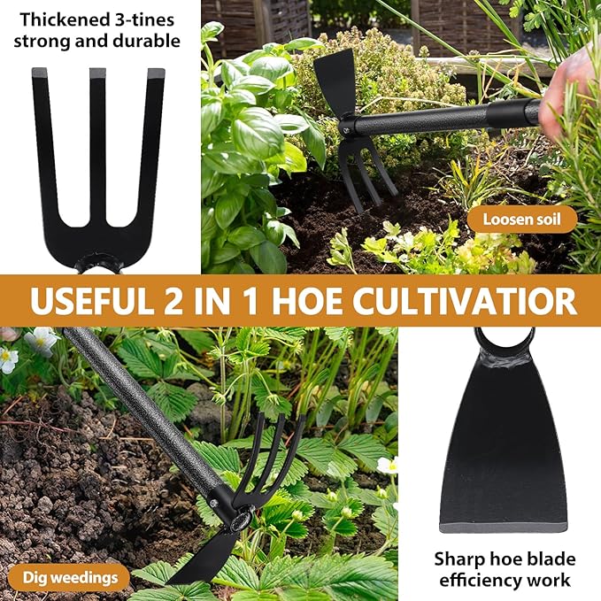Garden Hoe Tool, 2-in-1 Heavy Duty Dual-Head Weeding Tool, 45" Adjustable Long Handle Cultivator for Weeding, Tilling, Lawn Yard Flower Bed Gardening Tool