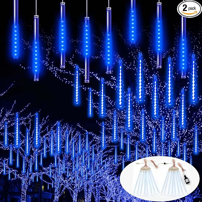 YIQU 2-Pack Extendable Christmas Lights Outdoor,16 Tubes 384 led Meteor Shower Rain Lights Led Falling Icicle Lights Perfect for Christmas Holiday Party Home Patio Outdoor Decorations(Blue)