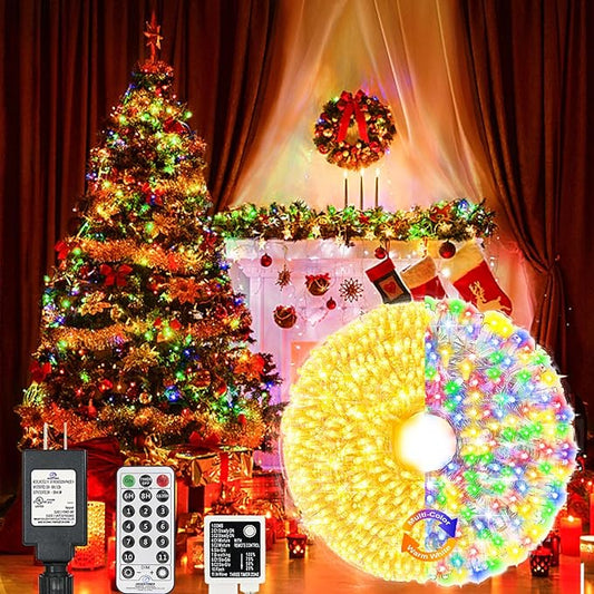 Decute 300LED Christmas Tree String Lights Outdoor Indoor 108FT Extendable, 11 Modes 4 Colors Changing Twinkle Fairy Lights with Timer Remote for Party Decor, Warm White & 3 Multicolors