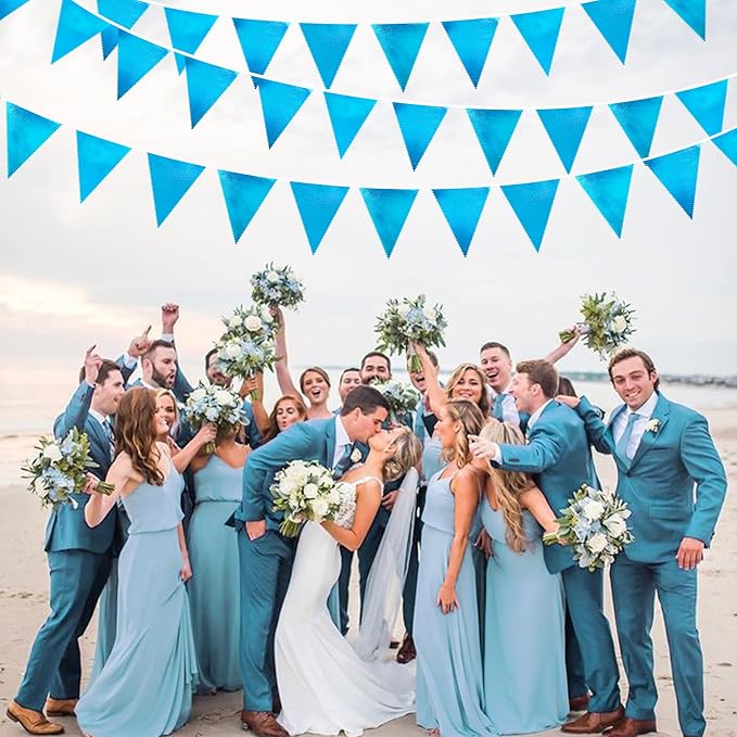 Sky Blue Party Decorations - Light Blue Triangle Pennant Banner Flag - Metallic Fabric Bunting for Graduation, Wedding, Retirement, Birthday, Under The Sea, Nautical, Ahoy, Party Decor Supplies