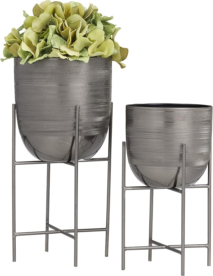 Deco 79 Metal Indoor Outdoor Planter Small Planter Pot with Removable Stand, Set of 2 Planters 12", 9"H, Gray