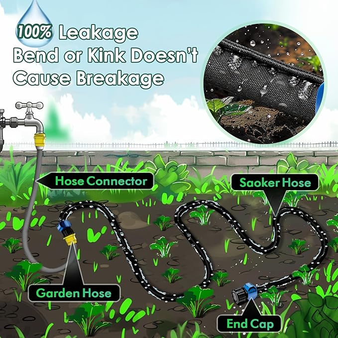 IPOW Heavy Duty Double Layer Design Saves 80% Water Leak Proof Soaker Hose, Drip Watering Hose for Garden, Lawn, Flower Bed, Vegetable Field (25 FT + 50 FT)