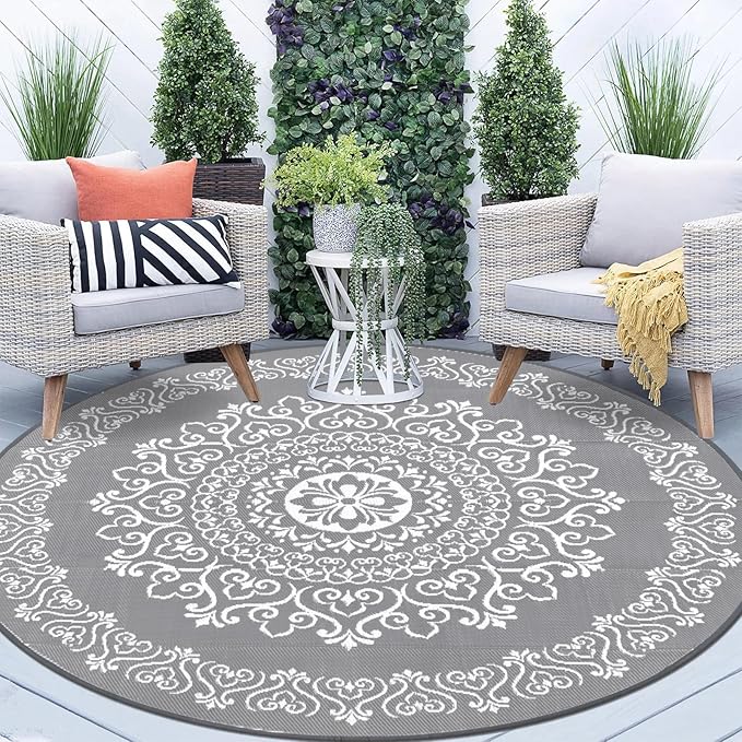 Pauwer Waterproof Outdoor Rug 8ft, Reversible Plastic Straw Patio Camping Rug, Indoor Outdoor RV Mat Carpet for Deck, Camper, Porch, Balcony, Backyard, Picnic, Floral Grey