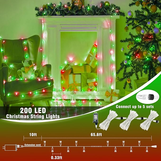 100 LED Red and Green Lights Outdoor - 33ft Red Green String Lights Indoor Clear Wire 8 Modes Plug in Waterproof Twinkle Fairy Lights for Indoor Outside Bedroom Home Party Decorations