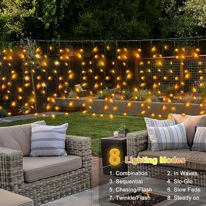 Solar Powered Curtain Lights 33ftx 3ft 500 LED Outdoor Curtain Lights Waterproof with Remote Timer for Garden Patio Fence Wedding Wall Gazebo Decor - Warm White