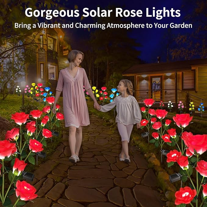 Solar Garden Lights, Solar Outdoor Lights with More Realistic 10 Rose Waterproof Solar Powered Flowers for Outside Patio Yard Pathway Decorations, 2 Pack Red