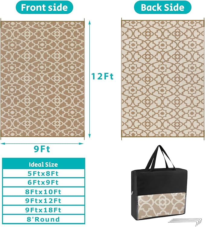 HEBE Outdoor Rug Waterproof 9x12, Plastic Straw Rug Camping Rug, Reversible Outdoor Patio Rugs RV Mat Clearance, Indoor Outside Floor Carpet for Porch,Deck,Camper,Balcony,Backyard