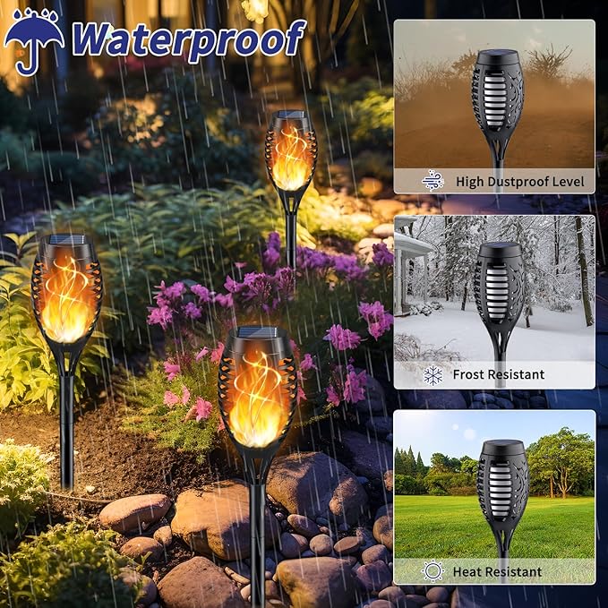KYEKIO Solar Torch Light with Flickering Flame, 12Pack Solar Lights Outdoor, Waterproof Outdoor Lights for Yard Garden, Luces Solares para Exteriores, Tiki Torches for Outside Patio Decorations