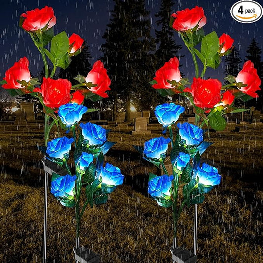 Woanger 4 Pcs Solar Flowers Cemetery Grave Decorations Outdoor LED Flower Lights with 6 Rose Powered Garden Stake Lights Waterproof for Independence Day Grave Decorations (Red, Blue)