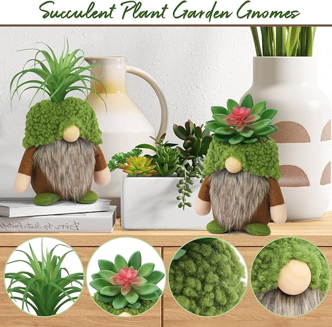 Upltowtme Succulent Gnomes Spring Green Plants Gnomes Swedish Plush Tiered Tray Decoration Tomte Doll Decor Cacti Nordic Dwarf Home Stuffed Gnomes Collection Garden Gift for Her Him Plant Lover
