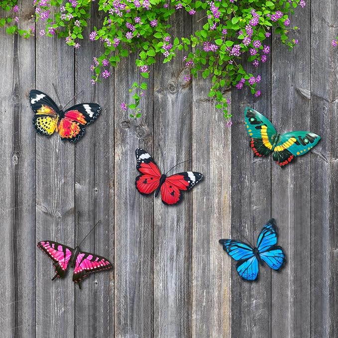 EOORAU Metal Butterfly Wall Decor - 5 Pack Lifelike Butterflies Wall Art Sculpture Hanging Decorations for Indoor or Outdoor, Yard Patio Fence Garden Decorations