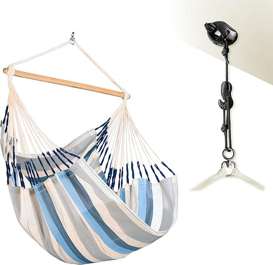 LA SIESTA® - Large Comfort Domingo Hammock Swing Chair & CasaMount - Weather & Tear Resistant Hanging Chair - Outdoor Indoor Hammock Chair w/Suspension Kit for Walls Ceilings Square Beams - Sea Salt