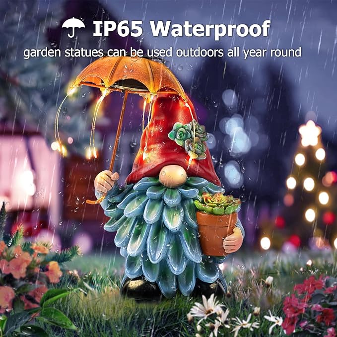 Solar Outdoor Statues Gnome Garden Decor, Garden Gnome with Solar LED Umbrella Decorative for Patio, Balcony, Lawn, Yard Ornament - Unique Gardening Gifts for Mom Grandma