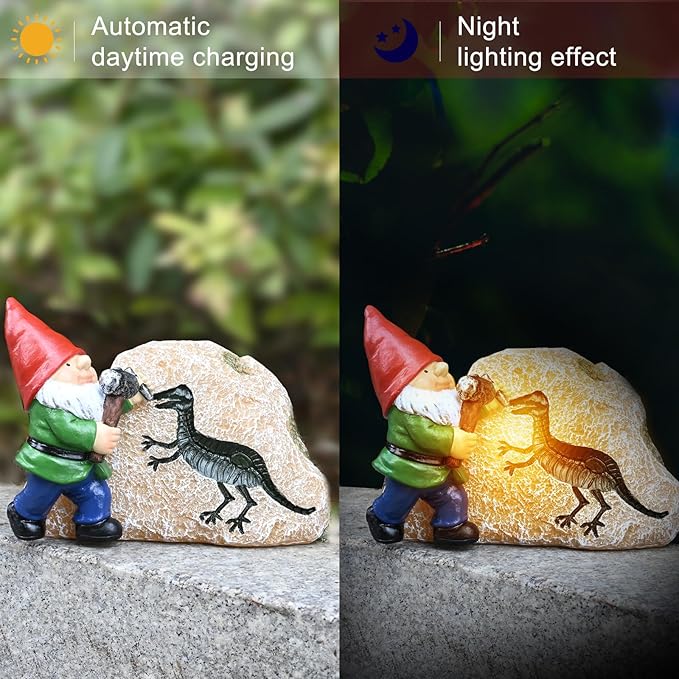 Garden Gnome Statues-Solar Gnomes Statues-Outdoor Gnome Figurine Decor Dinosaur Resin Decoration for Patio Yard Lawn Ornament Gnomes Gift for Woman 5.5 Inches