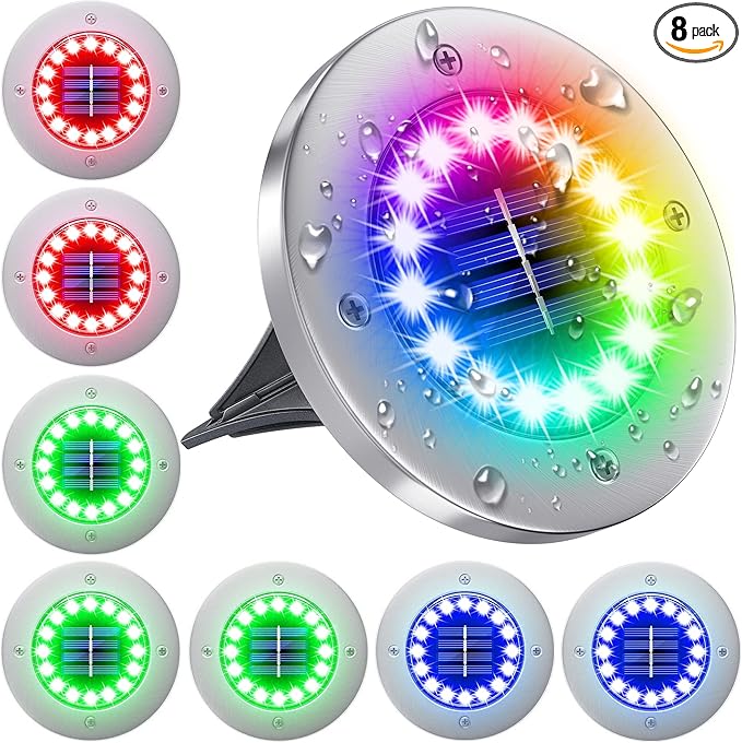 NFESOLAR Solar Lights Outdoor with 16 LEDs, 8 Pack Bright Multi-Color Solar Ground Lights Outdoor Waterproof Christmas Lights for Pathway Garden Yard Lawn Walkway Halloween Christmas Decorations