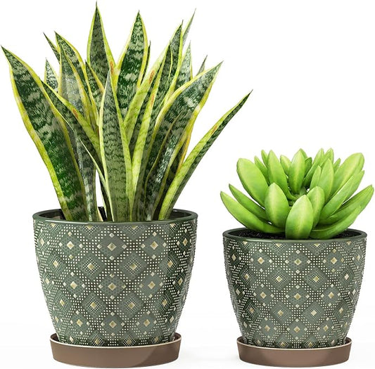 Docrin Ceramic Plant Pots Indoor, 6.6 + 5.5 Inch Planters with Drainage Holes and Saucer for Home/Office - Set of 2 /Dark Green