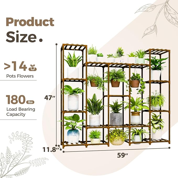 Bamworld Large Plant Stand Indoor Outdoor Hanging Shelf for Multiple PlantsTall Large Holder for Living Room Patio Balcony Garden