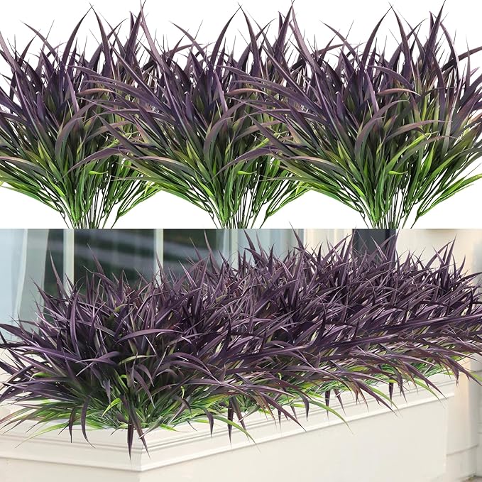 Ouddy Decor 16 Bundles Artificial Plants Outdoor Fake Grass Greenery Stems UV Resistant Faux Plastic Shrubs for Autumn Garden Pathway Front Porch Home Harvest Thanksgiving Halloween Decor, Purple