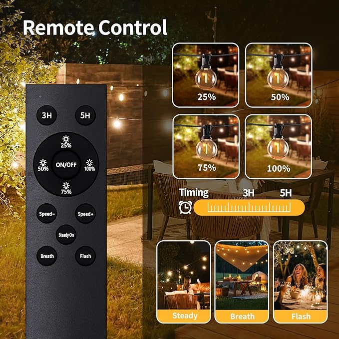 50ft Solar String Lights with Remote, 25+1 LED Bulbs Patio Lights Outdoor Waterproof, G40 Dimmable Deck Lights for Outside Garden Fence Backyard Decor
