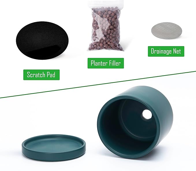 D'vine Dev 4.6 Inch, Ceramic Planter Pot with Drainage Hole and Saucer, Indoor Cylinder Round Planter Pot, Teal, 94-O-B-9