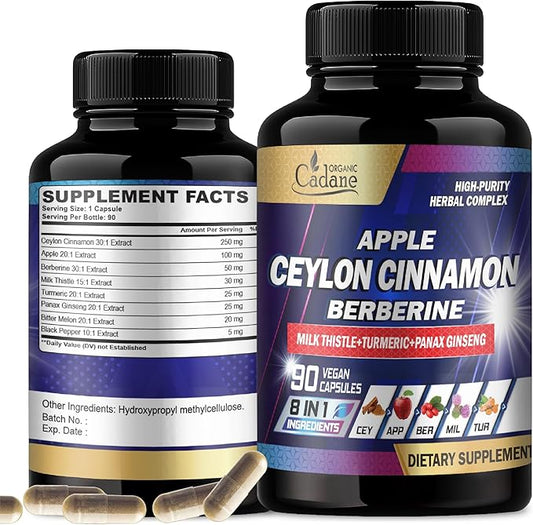 Organic Cadane Ceylon Cinnamon 7500mg Berberine 1500mg Apple 2000mg - 90 Vegan 8 Herbs 3 Month