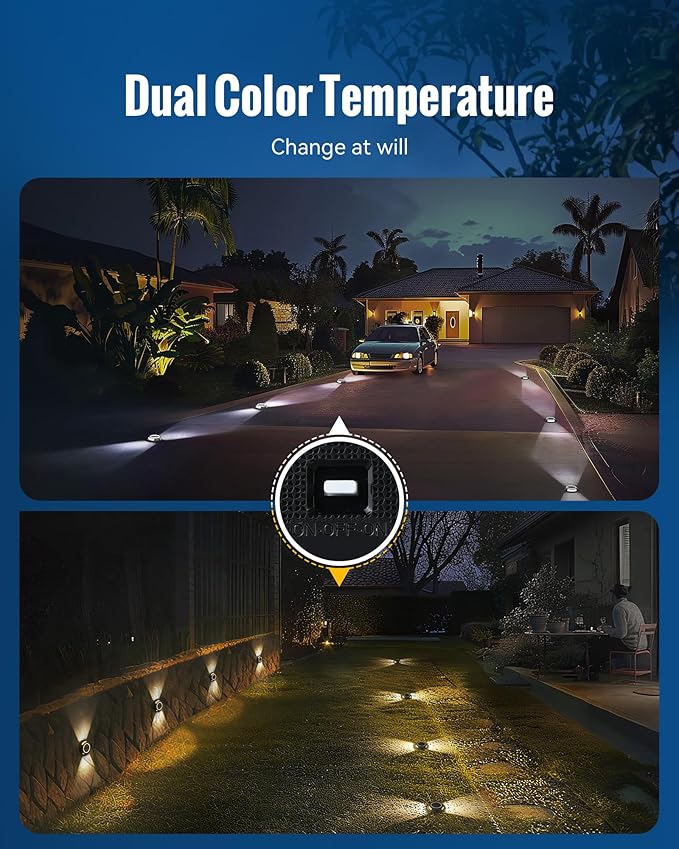 Solar Deck Dock Walkway Decorative Lights Outdoor Waterproof 12 Pack, 2 Colors in 1 Double-Sided LED Solar Driveway Lights for Road Marker Stair Pathway Patio Yard, Black