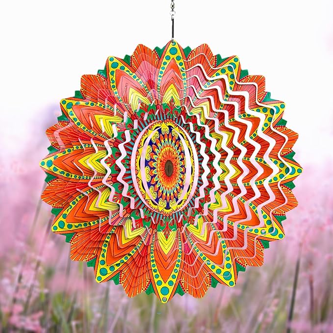 Wind Spinner Colorful Sunflower 12 inch 3D Stainless Steel Laser Cut Metal Double Sided Printing-Hanging Indoor/Outdoor Decorations Yard Gardening Decor,Metal Kinetic Art Ornament Gifts