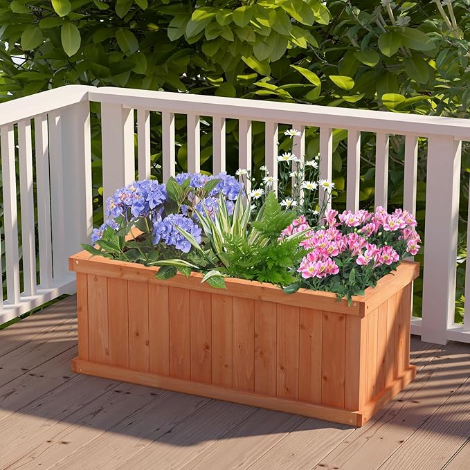 HAPPYGRILL Raised Garden Bed, Outdoor Elevated Flower Box w/ 4 Drainage Holes & Detachable Bottom Panels, Wood Planter Box for Vegetables Flowers Herbs & Fruits Growing, 31” x 14” x 12”