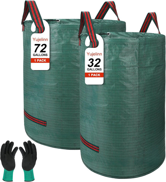 72 & 32 Gallon Reusable Yard Waste & Lawn and Leaf Bags with Handles - Tear Resistant PP Garden Trash Bags for Seasonal Cleanup, Patio, Lawn & Leaf Collection, Grass Clippings, Collapsible with Gloves