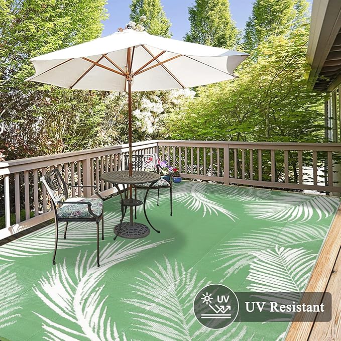 Pauwer Waterproof Outdoor Rug 8x10, Reversible Plastic Straw Patio Camping Rug, Indoor Outdoor RV Mat Carpet for Deck, Camper, Porch, Balcony, Backyard, Picnic, Leaf Green