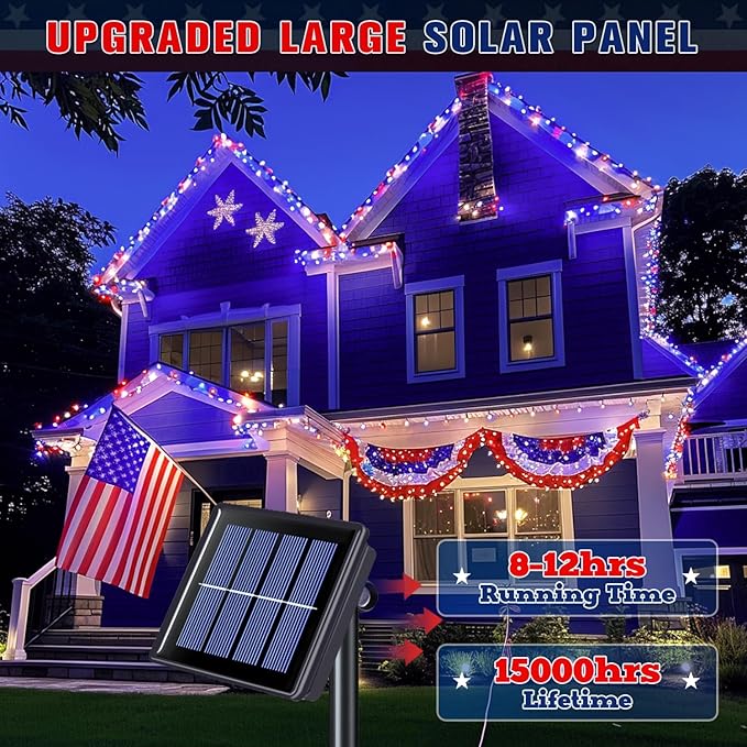 JMEXSUSS 2 Pack Red White and Blue Solar Lights, 200LED 75.5ft Patriot Solar String Lights Outdoor Waterproof, 8 Modes 4th of July Light for Independence Day Patio Garden Tree Decorations